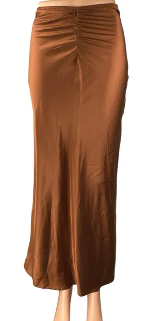 Princess Polly Jones Brown Silk Satin Ruched Slim Side Zip Maxi A-Line Skirt 2 thumbnail 1