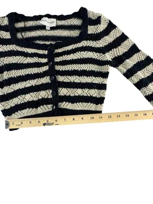 Striped Cropped Button-Front Cardigan in Black and Cream thumbnail 4