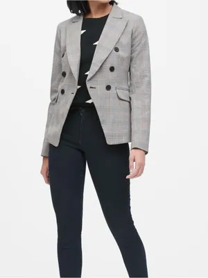 Banana Republic Glen Blazer Jacket Plaid Print Double-Breasted Stretch Size 2 thumbnail 5