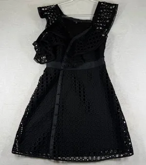 Gianni Bini Black Eyelet Lace Asymmetrical Ruffle Mini Dress Size 6 LBD Skater thumbnail 1