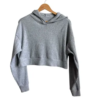 Alo Yoga Muse Cropped Ribbed Hoodie Gray Women's Medium Relaxed Fit thumbnail 1