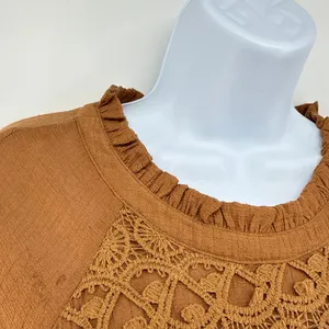 MOON RIVER Crochet Lace Bodice‎ Mini Dress Large Brown Crinkle Ruffle Boho Shift thumbnail 4