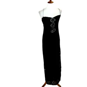 Lovers + Friends Black Lace Gown MEDIUM Maxi Dress Rhinestone Rosette $300 NEW thumbnail 5
