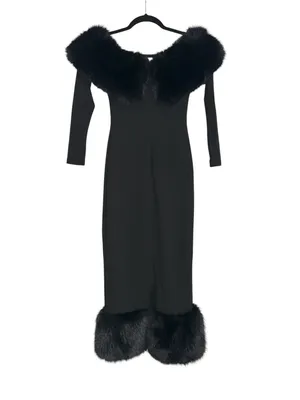 NWT Babyboo Vittoria Off Shoulder Black Faux Fur Trim Bodycon Midi Dress XS thumbnail 4