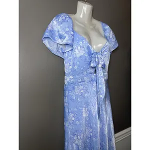 Altar'd State Dress Womens Medium Blue Floral Tie Front Flutter Sleeve Maxi thumbnail 4