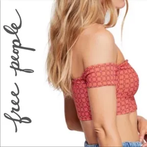 Free People Coral Pink Off The Shoulder Notch V-Neck Crop Top Geometric Boho SM thumbnail 3