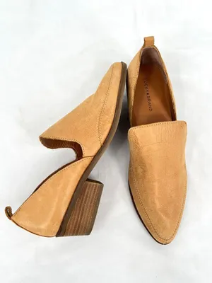 Lucky Brand Mahzam Camel Tan Leather Cutout Pointed Toe Stacked Heel Booties 9M thumbnail 9