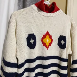Chicken Face Intarsia Knit Sweater Women M White Blue Red Nautical‎ Coastal thumbnail 2