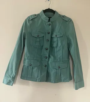 Talbots Peplum Utility Button Up Jacket Small Teal 100% Cotton Military Style thumbnail 1