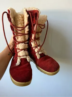 American Vintage Vintage 70s Leather Sherpa Wedge Chunky Eskimo Boots Red Teddy Winter Boots 8 thumbnail 10