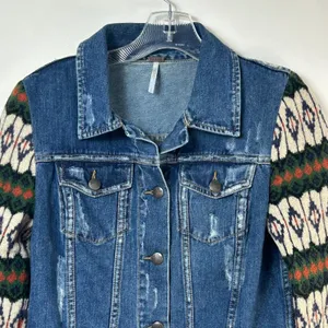 Free People Distressed Denim Jacket Fair Isle Wool Knit Sleeves Blue Small thumbnail 3