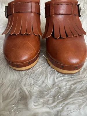 Madewell Brown Women’s Leather Fringe Mule Clogs Wooden Block Heels Size 7.5 thumbnail 5