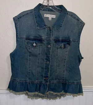 Vintage Denim Jean Jacket Sleeveless Vest Ruffle Hem Cottagecore Teacher Granny thumbnail 1