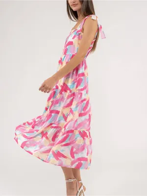 Blu Pepper Brush Stroke Print Tiered Midi Dress Size Medium NWT thumbnail 5