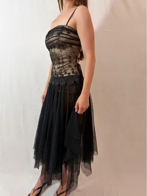Black Mesh Overlay Embellished Corset Vintage Masquerade Formal Dress thumbnail 2