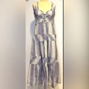 Betsey Johnson Stripe Play Yarn-Dye Tiered Maxi Dress Blue Small size Gingham thumbnail 3