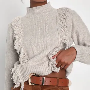 Lulus Size Small Cozy Nature Heather Beige Fringe Sweater thumbnail 1