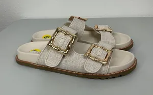 Jason Wu Womens Cream Linen‎ Double Buckle Slide Sandals Gold Bamboo Detail 9 thumbnail 1