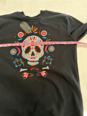 Black Crewneck Sweatshirt with Colorful Sugar Skull Graphic over size thumbnail 5