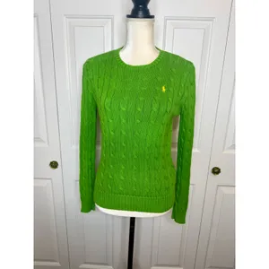POLO RALPH LAUREN Women's S Crew Neck Cable Knit Cotton Sweater Lime Green Flaw thumbnail 3