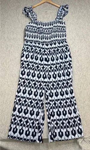 LOFT Beach Jumpsuit Women XL Petite Blue White Ikat Boho Coastal Summer Wide Leg thumbnail 1