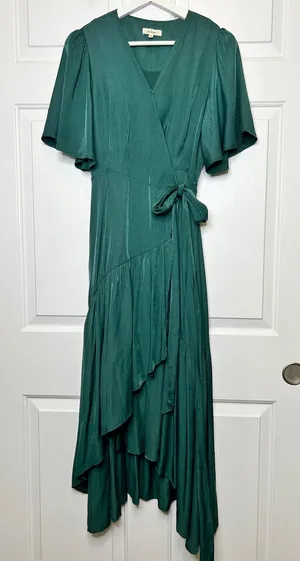 In Loom Wrap Dress Medium Green Ruffle Flutter High Low thumbnail 1