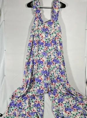 Kori Plus Floral Wide Leg Jumpsuit Women XL Purple Pink Ruffle Tie Back Flowy thumbnail 1