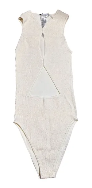 Zara Textured Cut-Out Sleeveless Bodysuit in Cream thumbnail 1