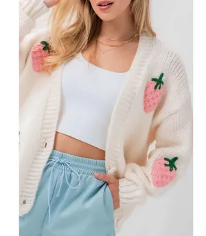 Luna Ivy Oversized Cream Strawberry Knit Cardigan Sweater Womens Medium Preppy thumbnail 1