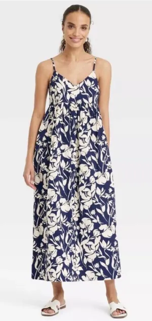 A New Day Womens Navy White Floral‎ Seersucker Maxi Dress Adjustable Straps Med thumbnail 1