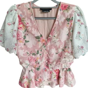 Anthropologie Hemant & Nandita Pink Embroidered Rose Garden Peplum‎ Blouse XS thumbnail 3