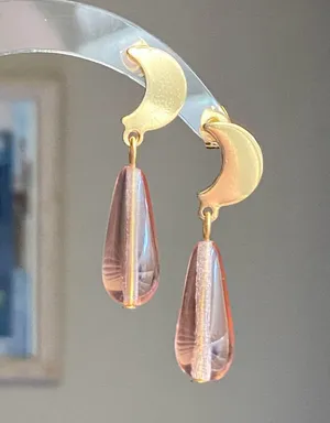 Handmade light pink Czech glass teardrop & moon cute fairy dangle earrings🩷🌛 thumbnail 1