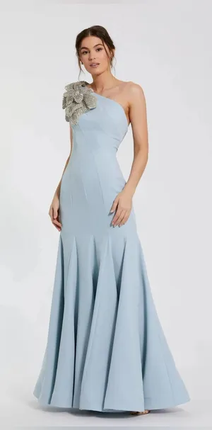 MAC DUGGAL Blue Crepe One Shoulder Gown With Crystal Flower Size 2 thumbnail 1