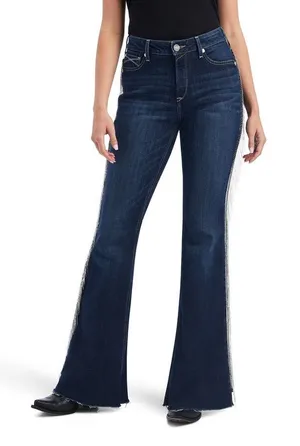 ARIAT R.E.A.L. Denim Dark Wash Silver Fringe Accent Side High Rise Flare Jeans thumbnail 1