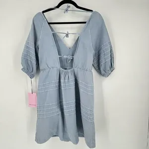 NWT Avec Les Filles‎ Women's Tie Back Puff Sleeve Babydoll Dress Blue Size Small thumbnail 4