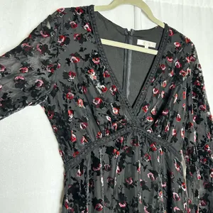 Wayf Black Crushed Velvet Floral Print V Neck‎ Long Sleeve Mini Dress Small thumbnail 3