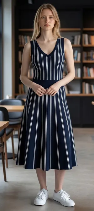 Magia USA Navy Blue White‎ Striped Knit Fit Flare Midi Dress Sleeveless Large thumbnail 1