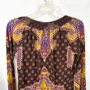 Lucky Brand XS Top VTG Y2K Hippie Paisley Smocked Brown Lotus Grunge Boho‎ 1309 thumbnail 6