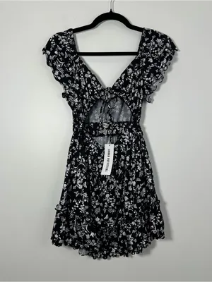 Urban Outfitters UO Rianna Floral Ruffle Mini Dress Black White XS NWT thumbnail 2