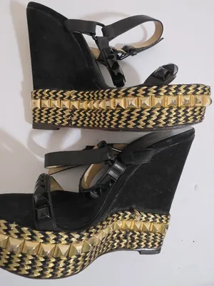 Christian Louboutin Cataclou 140 Black Suede Gold Spike Stud Platform Wedg thumbnail 1