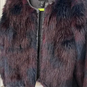 H&M Faux Fur Burgundy + Navy Toned Faux Leather Trim Coat thumbnail 2
