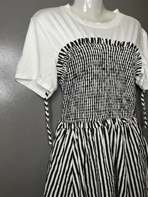 Maeve Anthropologie Dress Womens Petite Medium Black White Striped Smocked Midi thumbnail 4