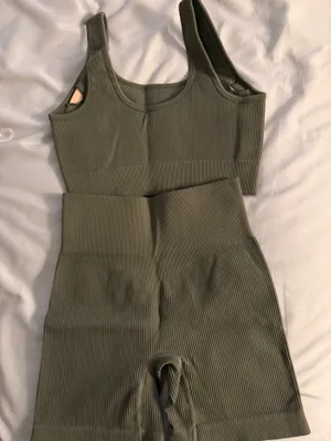 Olive Green Ribbed Sports Bra Bike Short Matching Set thumbnail 2