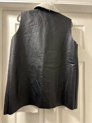 Black Faux Leather Sherpa-Lined Vest with Cream Trim thumbnail 3