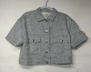 LOFT Womens Large Gray Tweed Cropped Jacket Short Sleeve Button Front thumbnail 1