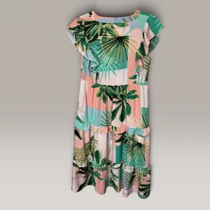 Entro Tropical Palm Leaf Print Ruffle Tiered Midi Dress V-Neck Green Pink S thumbnail 3