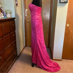 NWOT metallic pink strapless prom dress ruched front slit size 0 thumbnail 4
