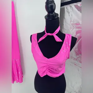 Hot Pink Outfit Set Crop Top‎ Bell Bottoms Star Accents Party Costume thumbnail 2
