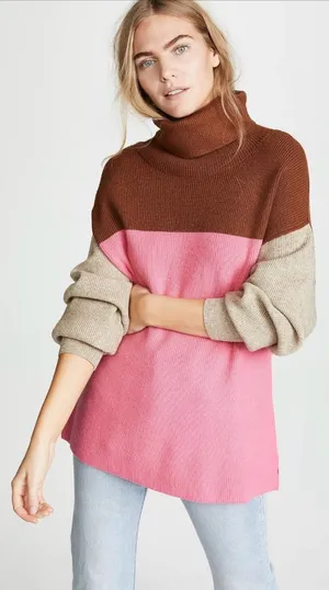 Free People Women's Softly Structured Colorblock Sweater, Candy Pop, Pink, Tan thumbnail 1
