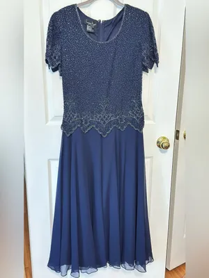 Laurence Kazar Navy Beaded Evening Dress Maxi Gown Sheer Overlay Formal M thumbnail 2